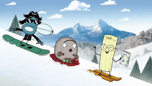 a cartoon drawing of a snowboarder a ball and a piece of paper holding a map
