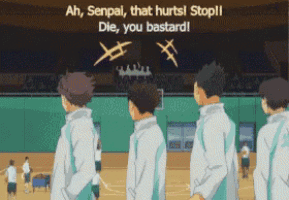 a group of men are standing in front of a sign that says ah senpal that hurts stop !! die you bastard !