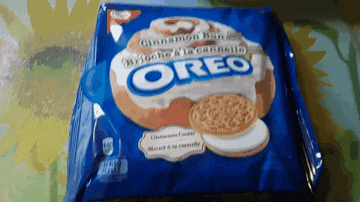 a package of cinnamon bun oreos is sitting on a table