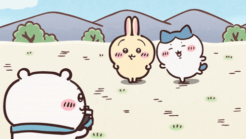 a cartoon of a bear and two rabbits standing in a field with mountains in the background