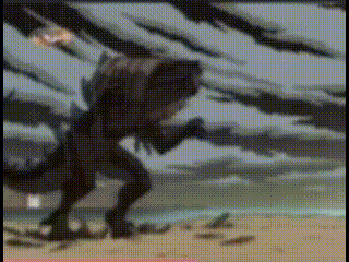 a painting of a monster walking on a beach with trees in the background .