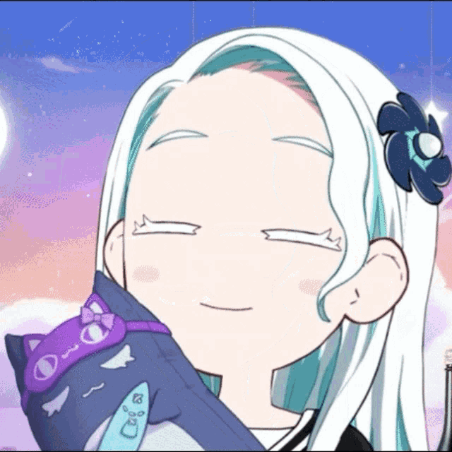 a cartoon girl with white hair and a flower in her hair is smiling with her eyes closed