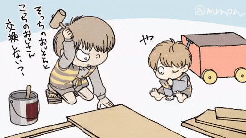 a cartoon drawing of a boy holding a hammer and another boy sitting on the floor