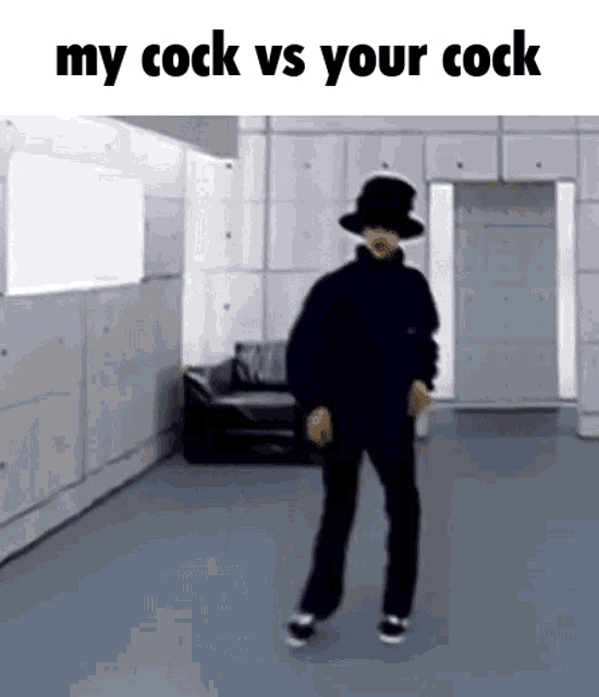 a man in a black hat is dancing in a room with the words `` my cock vs your cock '' .