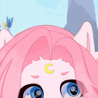 a close up of a cartoon character with a crescent moon on her forehead