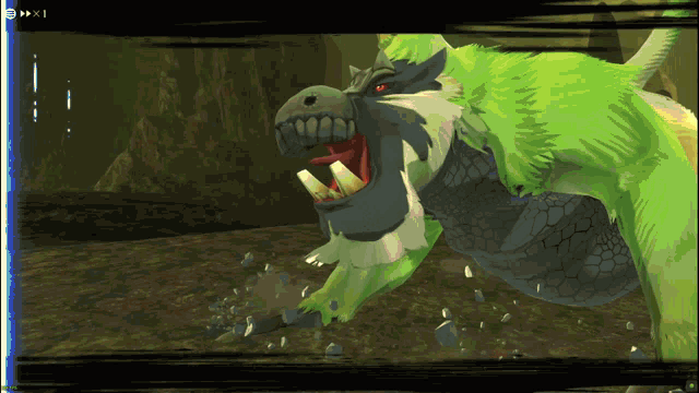 a screenshot of a video game shows a green monster with its mouth open