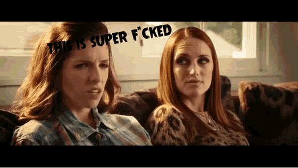 two women sitting on a couch with the words " this is super f * cked " on the bottom