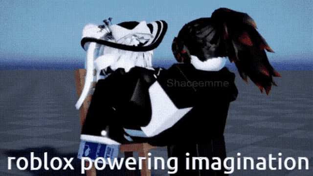 two roblox characters are standing next to each other with the words roblox powering imagination above them