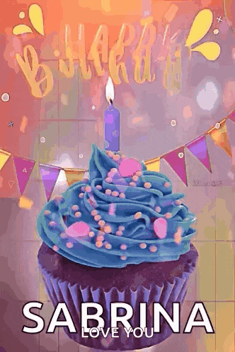 a cupcake with blue frosting and a candle with the name sabrina