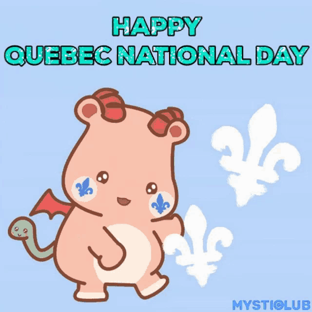 a greeting card for quebec national day with a cartoon of a dragon