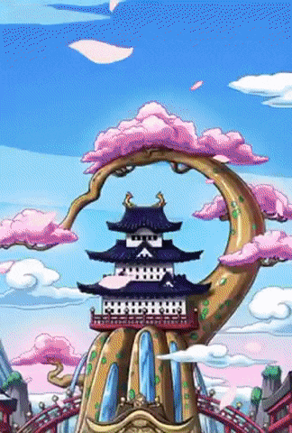 a cartoon drawing of a castle surrounded by trees with pink flowers .
