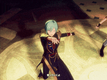 a man with blue hair is dancing in a room with chinese writing on the floor