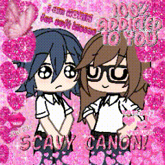 a couple of girls standing next to each other on a pink background with the words 100 % addicted to you