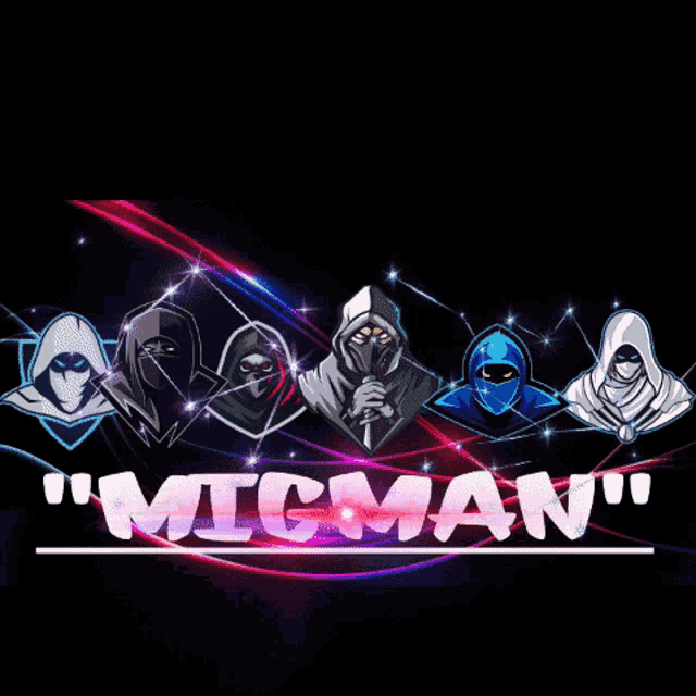a group of ninjas standing next to each other with the word " micman " in the center