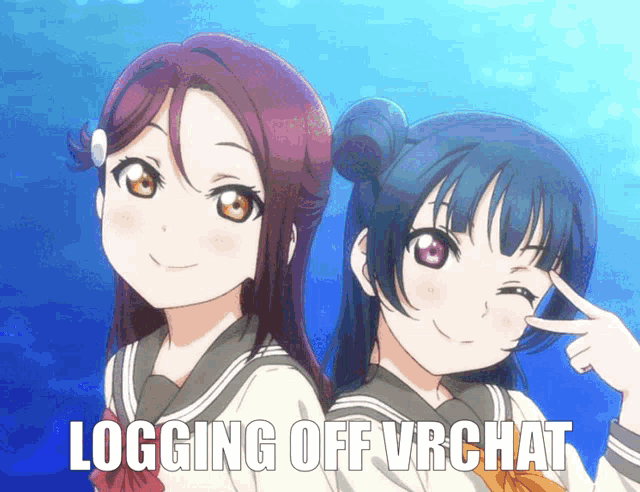 two anime girls are standing next to each other with the words logging off vrchat written below them