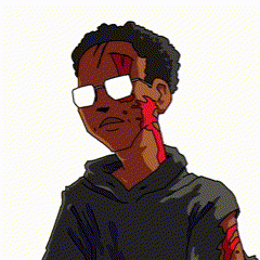 a cartoon drawing of a man with glasses and a bloody face