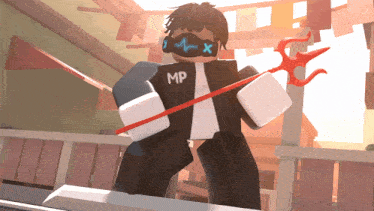 a boy wearing a mask and a jacket that says mp holds a red trident