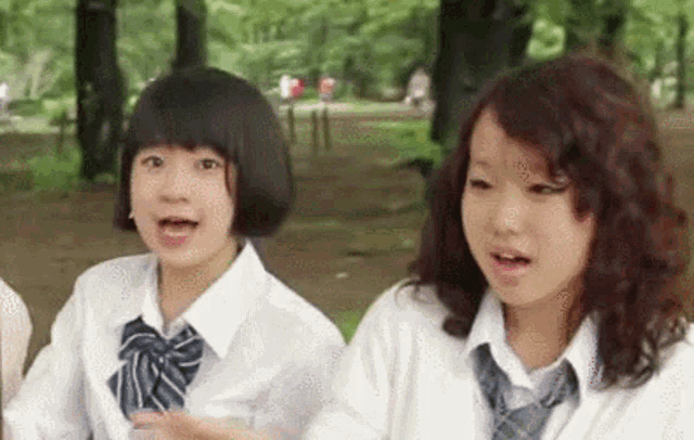 two young girls in school uniforms are sitting in a park .