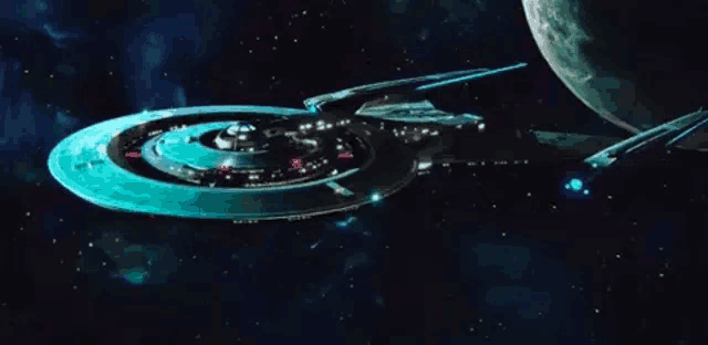 a futuristic space ship is flying through space in front of a planet .