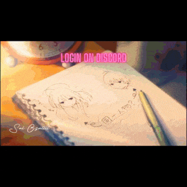 a drawing of a girl and a boy on a notebook with the words login on discord above it
