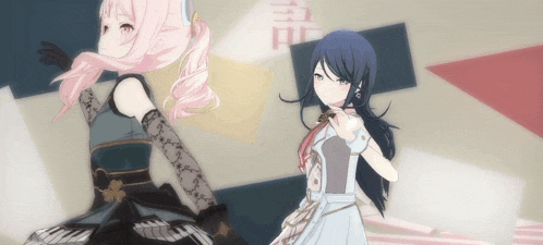 two anime girls are standing next to each other in front of a chinese symbol