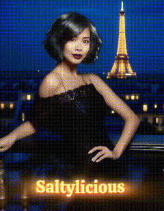 a woman in a black dress is standing in front of the eiffel tower and the word saltylicious