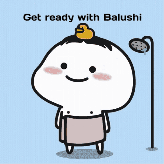 a cartoon character with a rubber duck on his head and the words get ready with balushi on the bottom