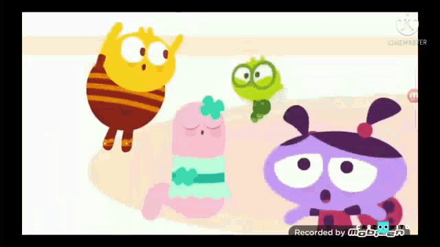 a group of cartoon characters standing next to each other on a pink background .