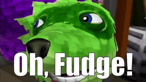 a green cartoon dog with the words oh fudge written below it