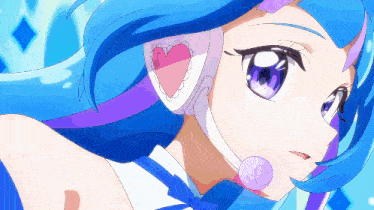 a girl with blue hair and purple eyes is wearing a headset with a heart on it
