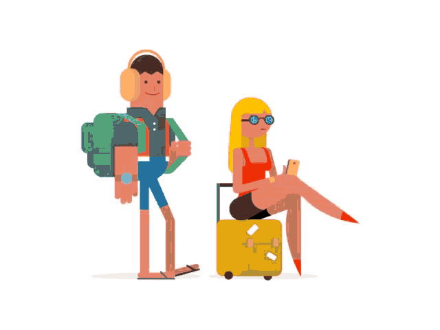 a man with a backpack and a woman sitting on a suitcase