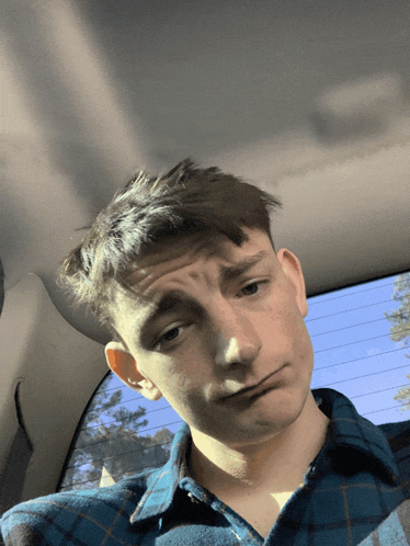 a young man in a plaid shirt is sitting in the back of a car