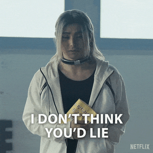 a woman in a white jacket says i don t think you d lie