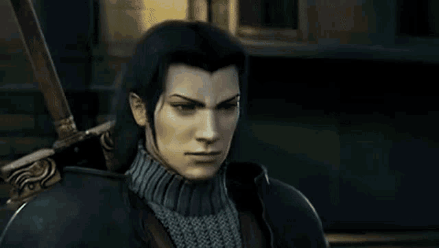 a close up of a man 's face in a video game with a sword in his hand .