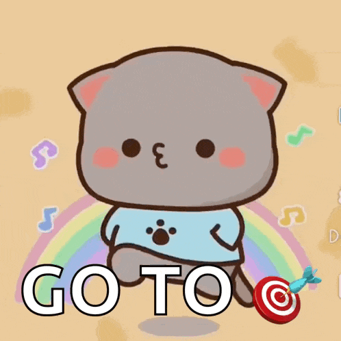 a cartoon cat is holding a target in front of a rainbow and the words go to