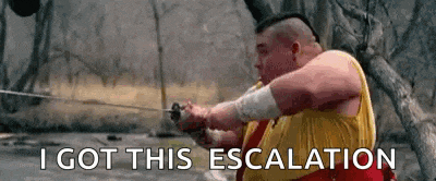 a fat man is holding a sword with the words `` i got this escalation '' written below him .