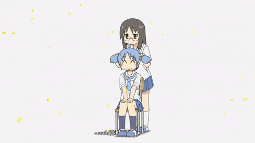 a cartoon of a girl brushing another girl 's hair with the letter t on her head