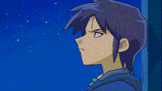 a cartoon of a boy with purple hair and a fist in the air