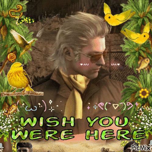 a picture of a man with the words wish you were here written on it