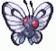 a pixel art butterfly with red eyes on a white background .