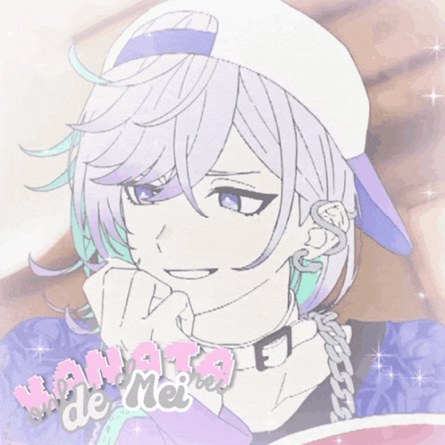 a drawing of a girl with purple hair and the name hamata de mei on the bottom