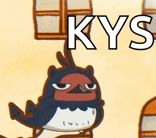 a cartoon drawing of a bird with the word kys below it