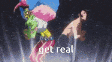 a cartoon of a man and a woman standing next to each other with the words `` get real '' .