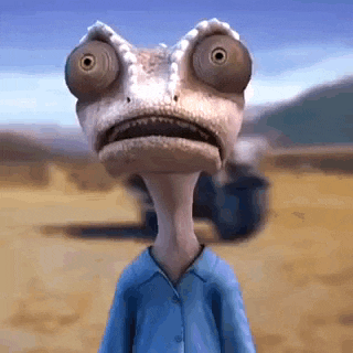 a cartoon lizard with big eyes is wearing a blue shirt and making a funny face .