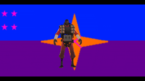 a cartoon character is standing in front of a purple and blue background
