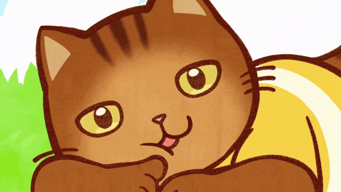 a cartoon drawing of a brown cat with yellow eyes and a yellow tail