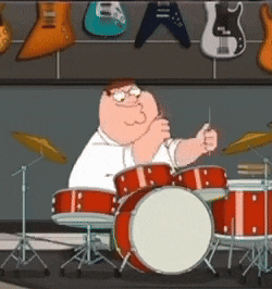 peter griffin from family guy plays drums in front of a wall of guitars