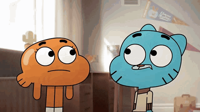 gumball and darwin from the amazing world of gumball are standing next to each other in a room