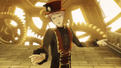 a man in a top hat stands in front of a large gear