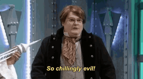 a man with glasses and a scarf is holding a syringe and says `` so chillingly evil '' .